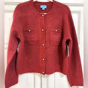 NWT SZ L CeCe Women's Red Button-Up Sweater